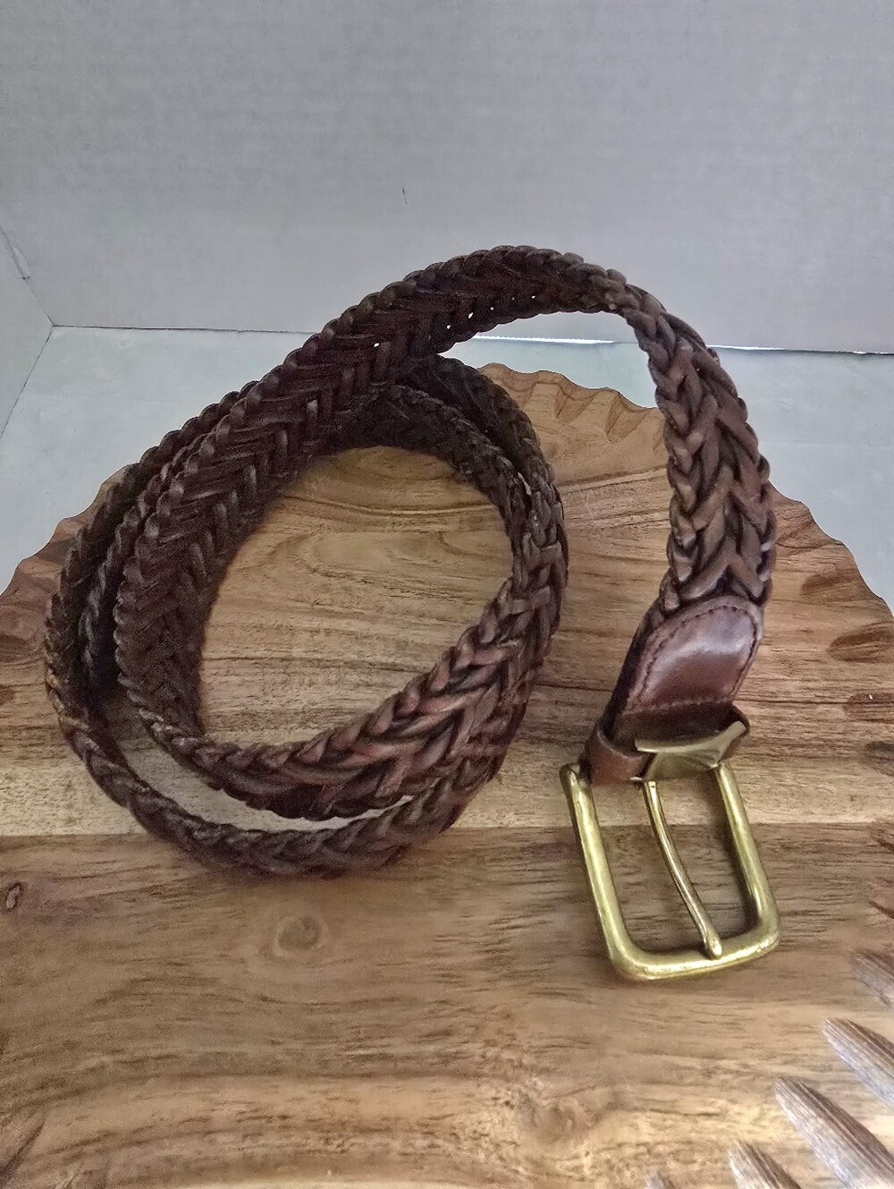 NAUTICA Men's Brown Braided Leather Belt Size 42 Brass Roller Buckle 1 1/4"Wide. - Picture 2 of 10